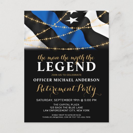 Man Myth Legend Thin Blue Line Police Retirement Uitnodiging Briefkaart (Voorkant)