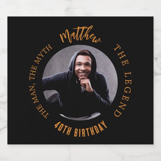 Man mythe legende foto zwart goud verjaardagsfeest bier etiket (Enkel label)