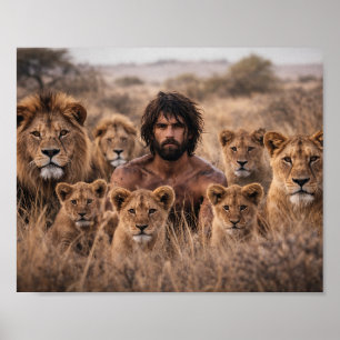 Man Opgevoed door Leeuwen Roem Poster Wilde Natuur