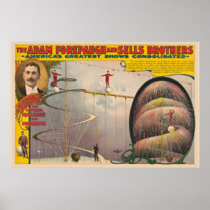 Man presteert op hangende kabel en spiraalvormige poster