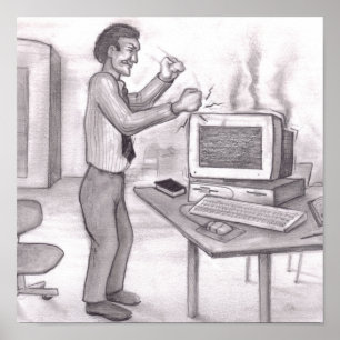 Man slaat vuisten op rokende computermonitor poster