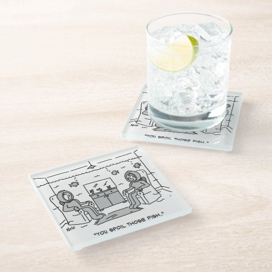 Man spoelt zijn tropische vis - grappige Cartoon o Glazen Onderzetter (Schuin)