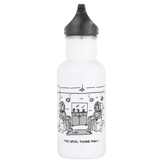 Man spoelt zijn tropische vis - grappige Cartoon o Waterfles (Rechts)