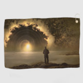 Man staande op een heuvel kijken naar een grote golfhanddoek (Horizontaal)