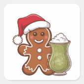 Man van gemberkoek houdt Matcha-drank Kerstmis Vierkante Sticker (Voorkant)
