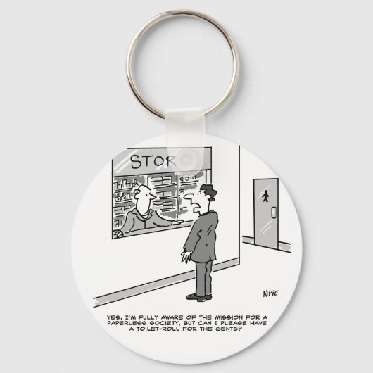 Man vraagt winkels om een toiletrol. Funny Cartoon Sleutelhanger (Voorkant)
