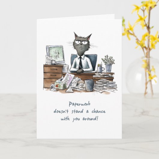 Man Vrijwilliger Bedankt Funny Cat bij Desk Paper Kaart (Gele Bloem)