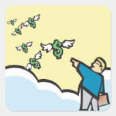 Man wijst met geld met wijn vierkante sticker (Voorkant)