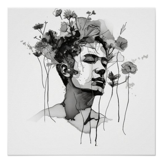 Man zwart-wit lijnkunst met ventilator perfect poster (Voorkant)