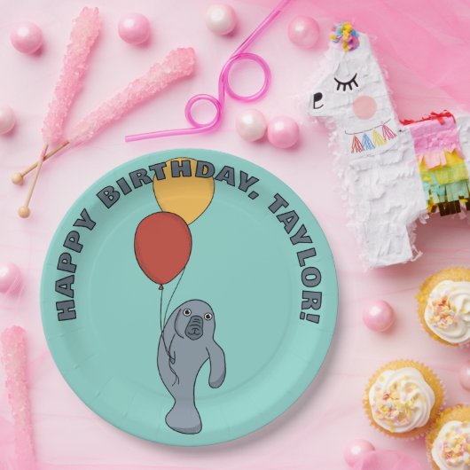 Manatee en ballonnen aangepaste verjaardagsfeestje papieren bordje (Feest)