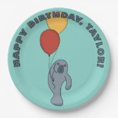 Manatee en ballonnen aangepaste verjaardagsfeestje papieren bordje (Voorkant)