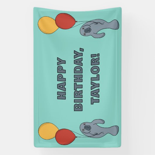 Manatee en ballonnen aangepaste verjaardagsfeestje spandoek (Verticaal)