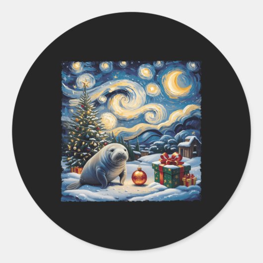 Manatee Van Gogh Style Sterrennacht Christmas Wint Ronde Sticker (Voorkant)