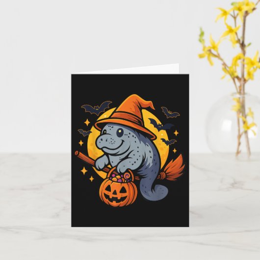 Manatee Witch Hat Pumpkin Halloween Soky Season Kaart (Gele Bloem)
