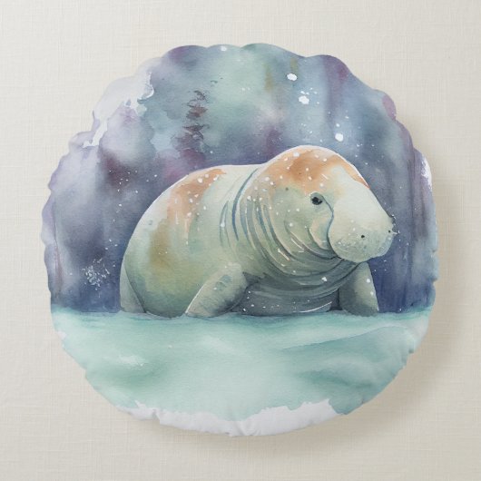 manateeg, sneeuw, waterverf rond kussen (Voorkant)