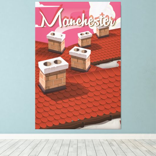 Manchester, Engeland, cartoon reisposter Canvas Afdruk (Insitu (Houten vloer))