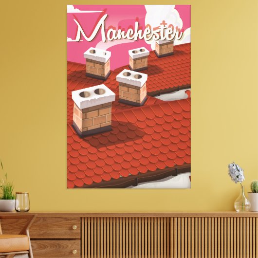 Manchester, Engeland, cartoon reisposter Canvas Afdruk (Insitu (Woonkamer))