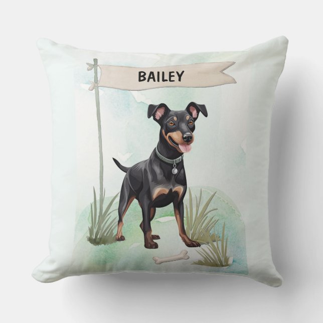 Manchester Terrier Watercolor Personalized Dog Kussen (Voorkant)