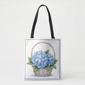 Mand met blauwe hortensia's draagtas
