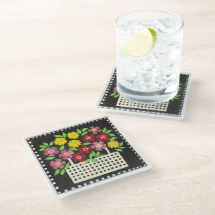 Mand met bloemen, rood en geel, glazen onderzetter
