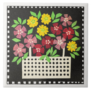 Mand met bloemen, rood en geel, tegeltje