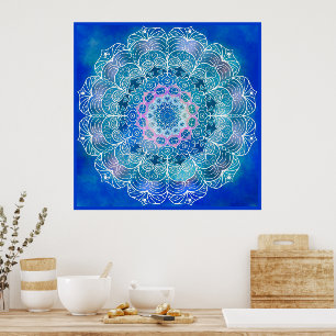 Mandala 12 Blauw Blauwgroen op blauwe achtergrond Poster
