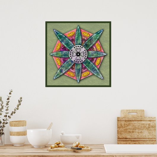 Mandala 8 pétales de fleurs vertes sur Affiche oli (Cuisine)