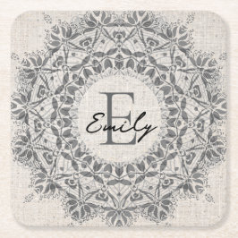 Mandala Aangepaste naam Monogram Monochroom Lichtg Vierkante Kartonnen Onderzetter