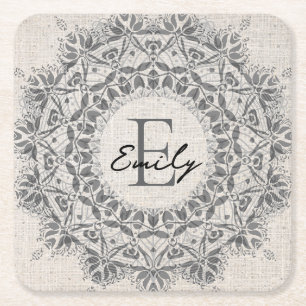 Mandala Aangepaste naam Monogram Monochroom Lichtg Vierkante Kartonnen Onderzetter