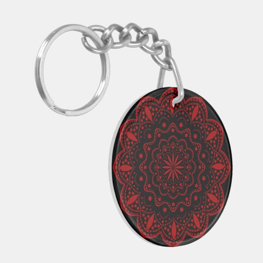 Mandala acryl Sleutelhanger | Zwart en Rood (Voorkant Links)
