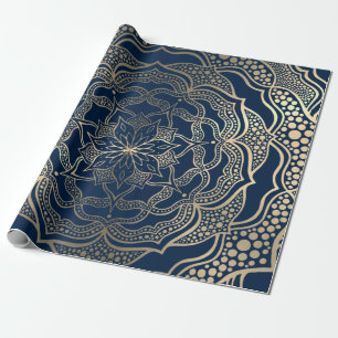Mandala Art Boho Elegant Goud Marine Blauw Kerstmi Cadeaupapier