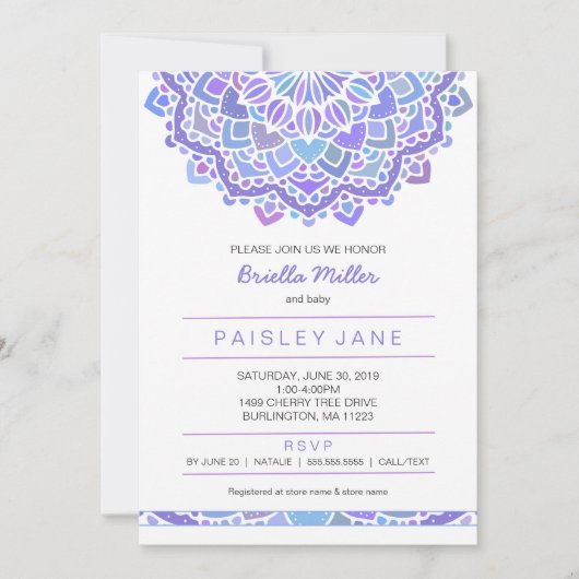 Mandala baby shower nodigen, meisje paarse boho kaart (Voorkant)
