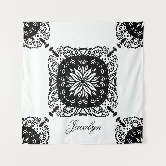 Mandala Black White Floral Nom Tapisserie (Devant)