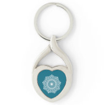 Mandala blanc sur fond bleu Porte-clés en métal