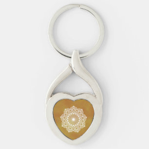 Mandala blanc sur fond or Porte-clés en métal