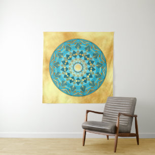 Mandala blauw goud op zachte gouden achtergrond wandkleed