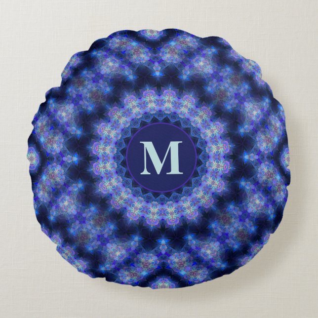 Mandala Blue Paarse Circle Pattern Monogram Rond Kussen (Voorkant)