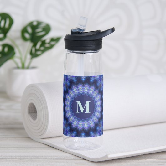 Mandala Blue Paarse Pattern Monogram Waterfles (Insitu)