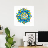 Mandala Blue Turquoise Yellow Waterverf Poster (Thuiskantoor)