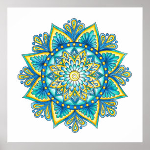 Mandala Blue Turquoise Yellow Waterverf Poster