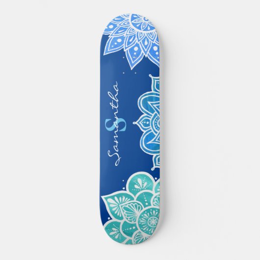 Mandala Blue White Turquoise Monogram Skateboard (Voorkant)