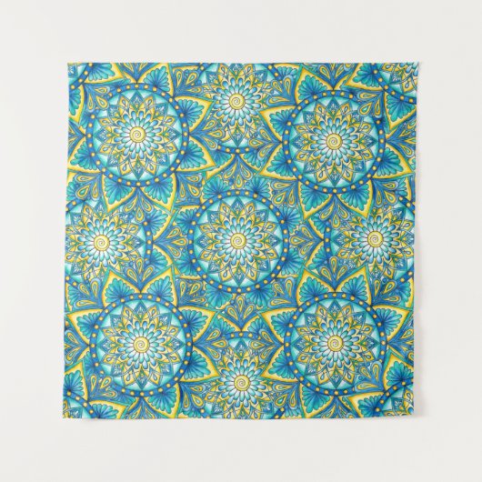 Mandala Blue Yellow Turquoise Pattern Wandkleed (Voorkant (horizontaal))