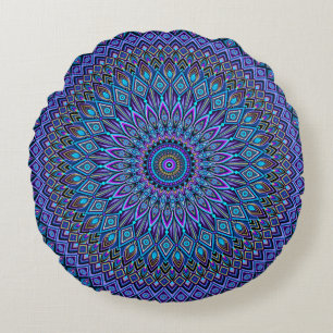 Mandala Boho Blue Blauwgroen Paars Peacock Gold Ma Rond Kussen