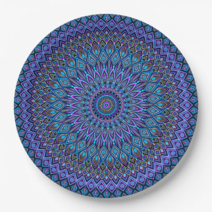 Mandala Boho Blue Blauwgroen Paars Peacock Vibrant Papieren Bordje