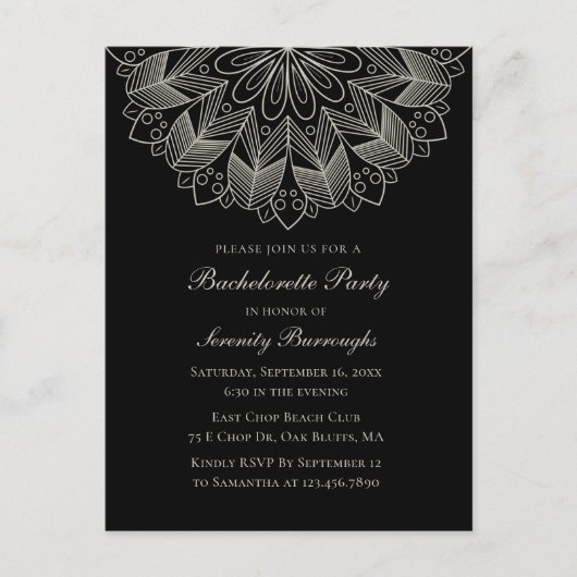 Mandala Boho Indian Black Wedding Bachelorette Uitnodiging Briefkaart (Voorkant)