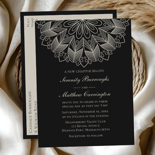 Mandala Boho Indian Elegant Black Wedding Invitati Uitnodiging Briefkaart