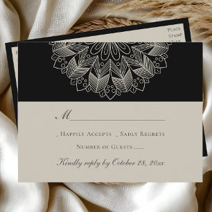 Mandala Boho Indische Elegante Zwarte Trouw-RSVP Uitnodiging Briefkaart