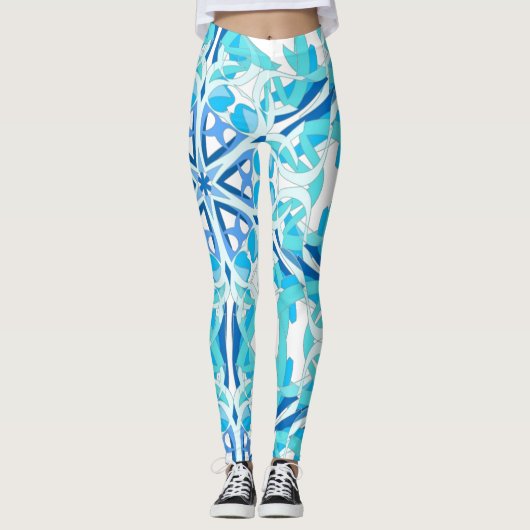 Mandala Design, Blauwe Ivy op Wit Leggings (Voorkant)
