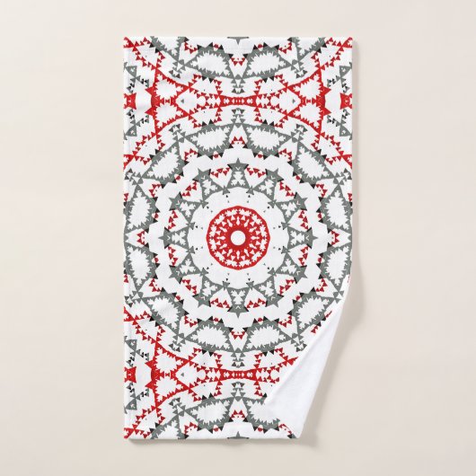 Mandala en blanc, rouge et kaki. (Serviette à main)