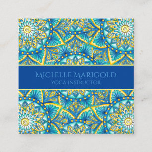 Mandala Floral Elegant Blue Yellow Yoga Instructor Vierkante Visitekaartje